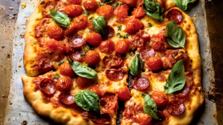 Easy Fresh Garden Pizza with Pepperoni & Cherry Tomatoes 6 Easy Fresh Garden Pizza with Pepperoni & Cherry Tomatoes - Garden Pizza midia