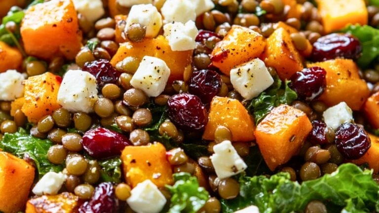 Warm & Hearty Butternut Squash Salad Recipe 5 Warm & Hearty Butternut Squash Salad Recipe - Roasted Butternut Squash Kale and Lentil Salad with Maple Balsamic Vinaigrette midia