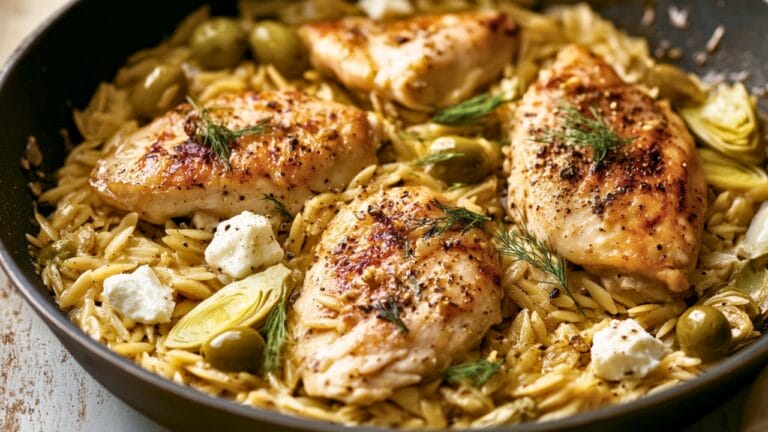 Simple Skillet Chicken with Artichokes & Orzo - Skillet Chicken midia