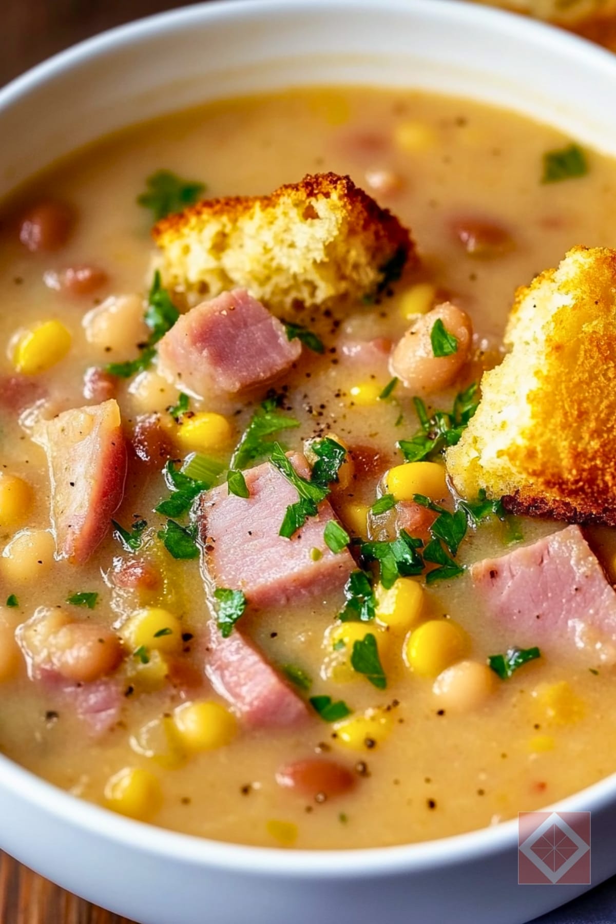 Warm Up Dinner with This Hearty Ham & Navy Bean Soup - Southern Ham and Navy Bean Soup with Spicy Cornbread Croutons pin 1 midia