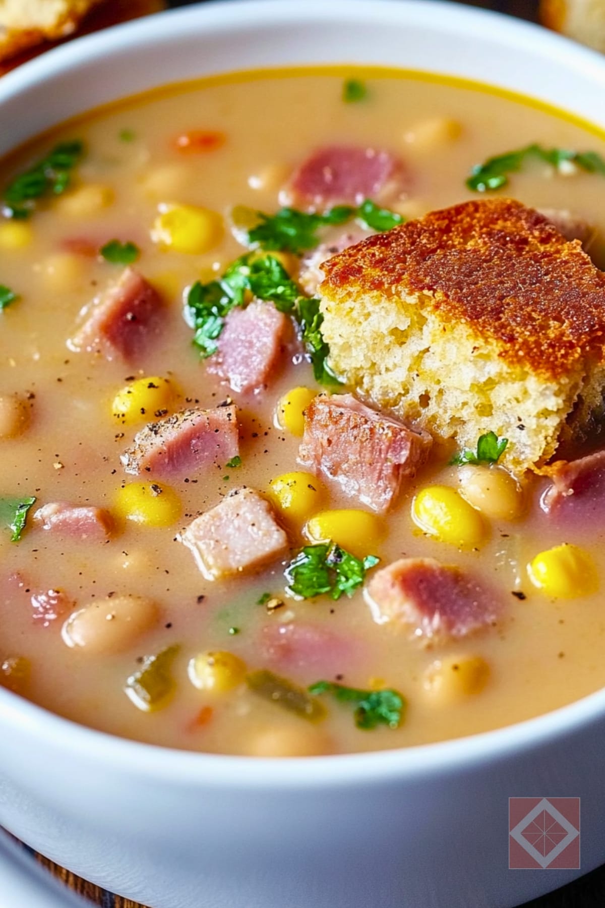 Warm Up Dinner with This Hearty Ham & Navy Bean Soup 4 Warm Up Dinner with This Hearty Ham & Navy Bean Soup - Southern Ham and Navy Bean Soup with Spicy Cornbread Croutons pin 2 midia