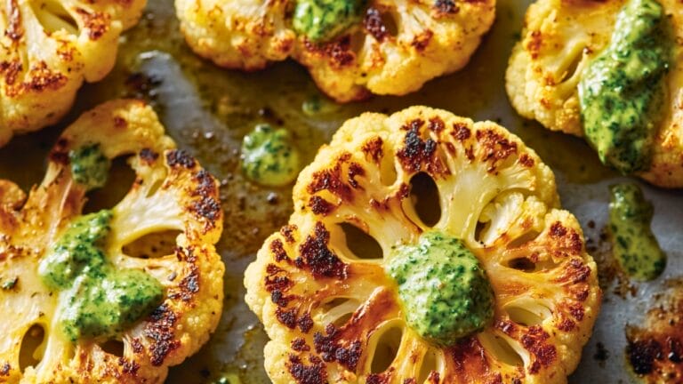 Crispy Cauliflower Steaks with Creamy Tahini Drizzle 1 Crispy Cauliflower Steaks with Creamy Tahini Drizzle - Spicy Roasted Cauliflower Steaks with Green Tahini midia