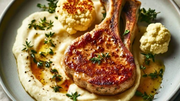 A High-Protein, Easy Recipe for Herb-Crusted Pork Chops 5 A High-Protein, Easy Recipe for Herb-Crusted Pork Chops - High Protein Herb Crusted Pork Chops with Cauliflower Puree midia