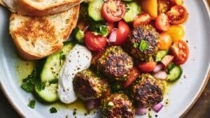 Easy Pesto Meatballs with a Bright & Tangy Tomato Salad - Pesto Meatballs Recipe with Tomato Salad Labneh midia