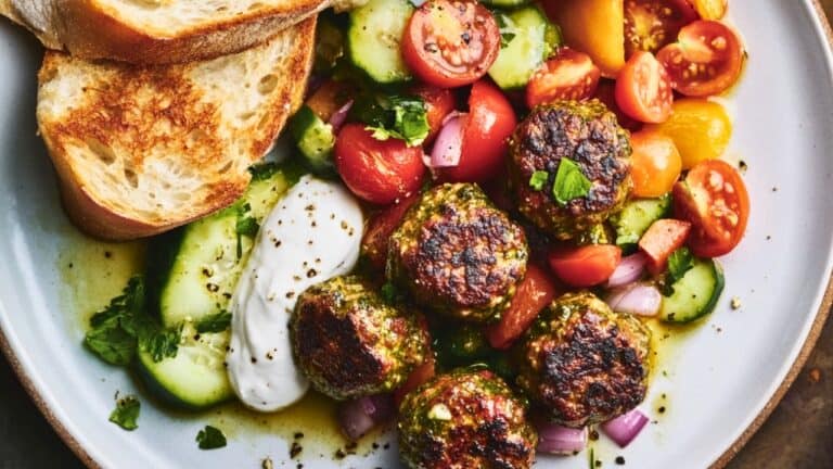 Easy Pesto Meatballs with a Bright & Tangy Tomato Salad - Pesto Meatballs Recipe with Tomato Salad Labneh midia