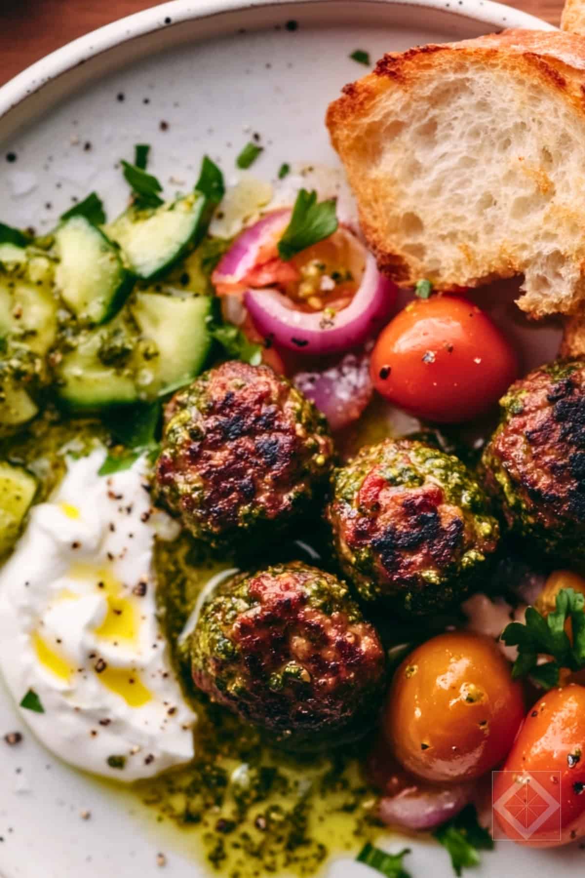 Easy Pesto Meatballs with a Bright & Tangy Tomato Salad 2 Easy Pesto Meatballs with a Bright & Tangy Tomato Salad - Pesto Meatballs Recipe with Tomato Salad Labneh pin 1 midia 1