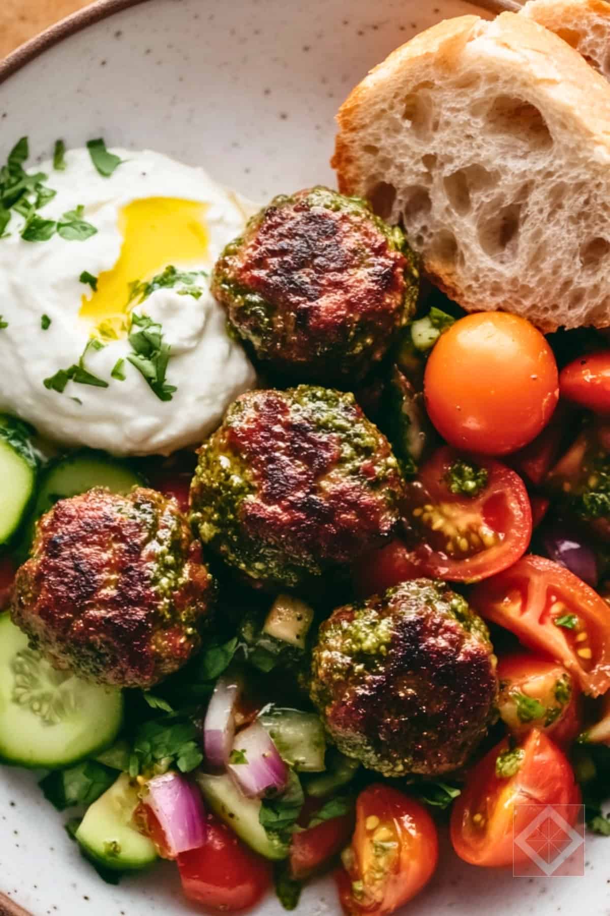 Easy Pesto Meatballs with a Bright & Tangy Tomato Salad 3 Easy Pesto Meatballs with a Bright & Tangy Tomato Salad - Pesto Meatballs Recipe with Tomato Salad Labneh pin 2 midia 1