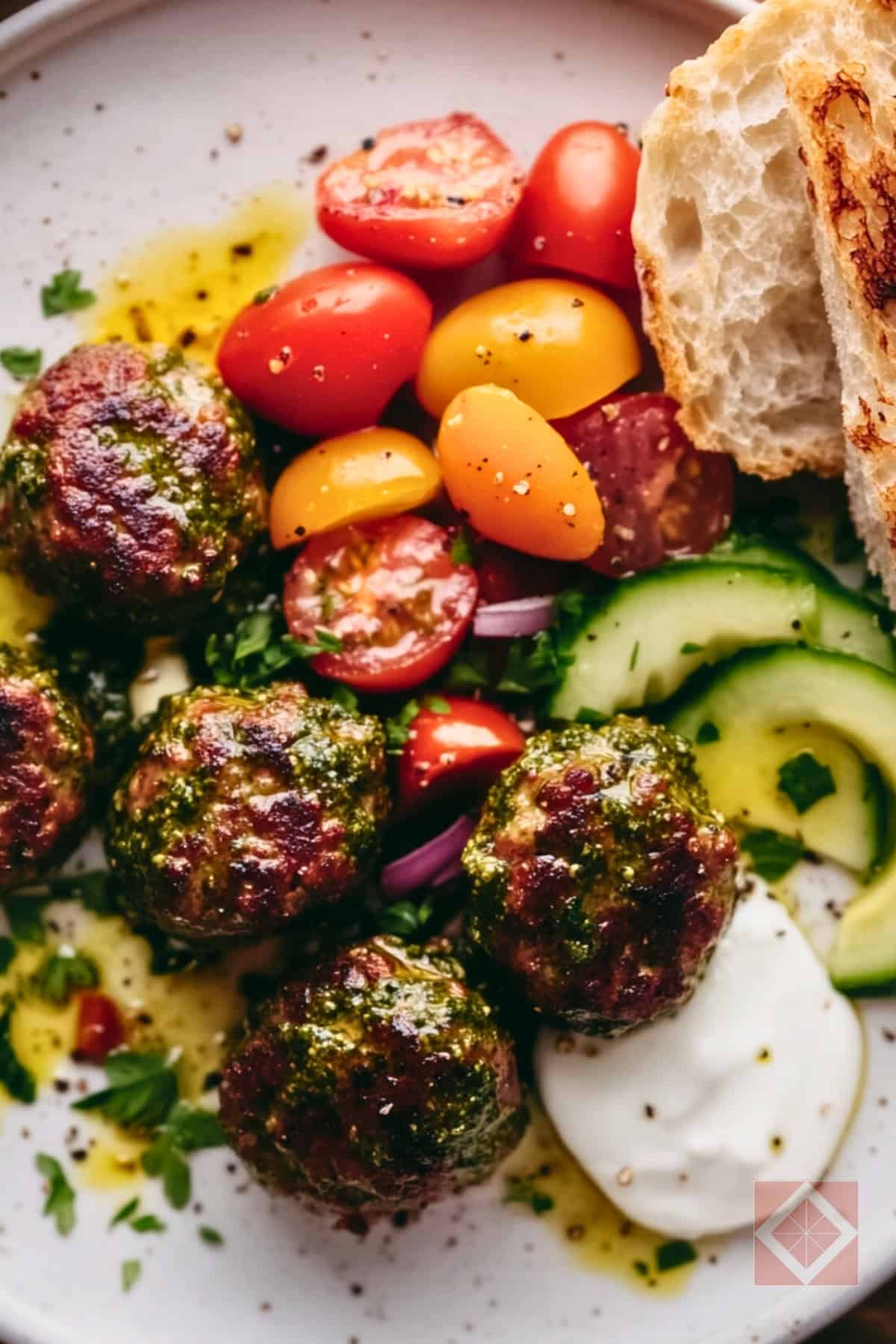 Easy Pesto Meatballs with a Bright & Tangy Tomato Salad 4 Easy Pesto Meatballs with a Bright & Tangy Tomato Salad - Pesto Meatballs Recipe with Tomato Salad Labneh pin 3 midia 1