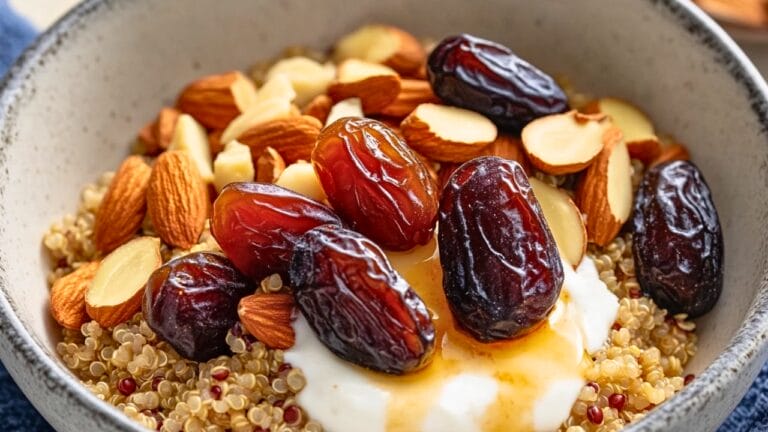 Fuel Your Morning with This Dash Diet Quinoa Bowl 10 Fuel Your Morning with This Dash Diet Quinoa Bowl - Quinoa Breakfast Bowl with Yogurt Dates and Almonds midia