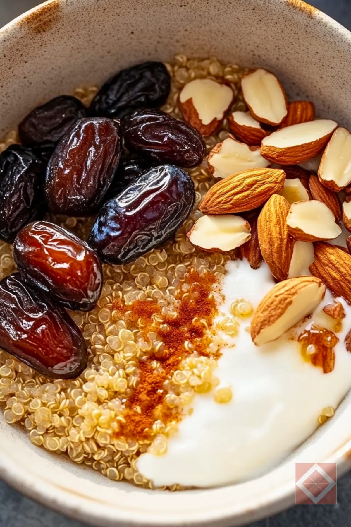 Fuel Your Morning with This Dash Diet Quinoa Bowl 4 Fuel Your Morning with This Dash Diet Quinoa Bowl - Quinoa Breakfast Bowl with Yogurt Dates and Almonds pin 2 midia