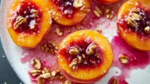 Raspberry-Glazed Peaches with Walnuts for Two Dessert: Easy One-Pot Dessert Recipe 1 Raspberry-Glazed Peaches with Walnuts for Two Dessert: Easy One-Pot Dessert Recipe - Raspberry Glazed Peaches with Walnuts midia