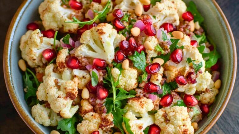 Roasted Cauliflower Salad for a Balanced DASH Diet 3 Roasted Cauliflower Salad for a Balanced DASH Diet - Roasted Cauliflower and Arugula Salad with Pomegranate and Pine Nuts midia