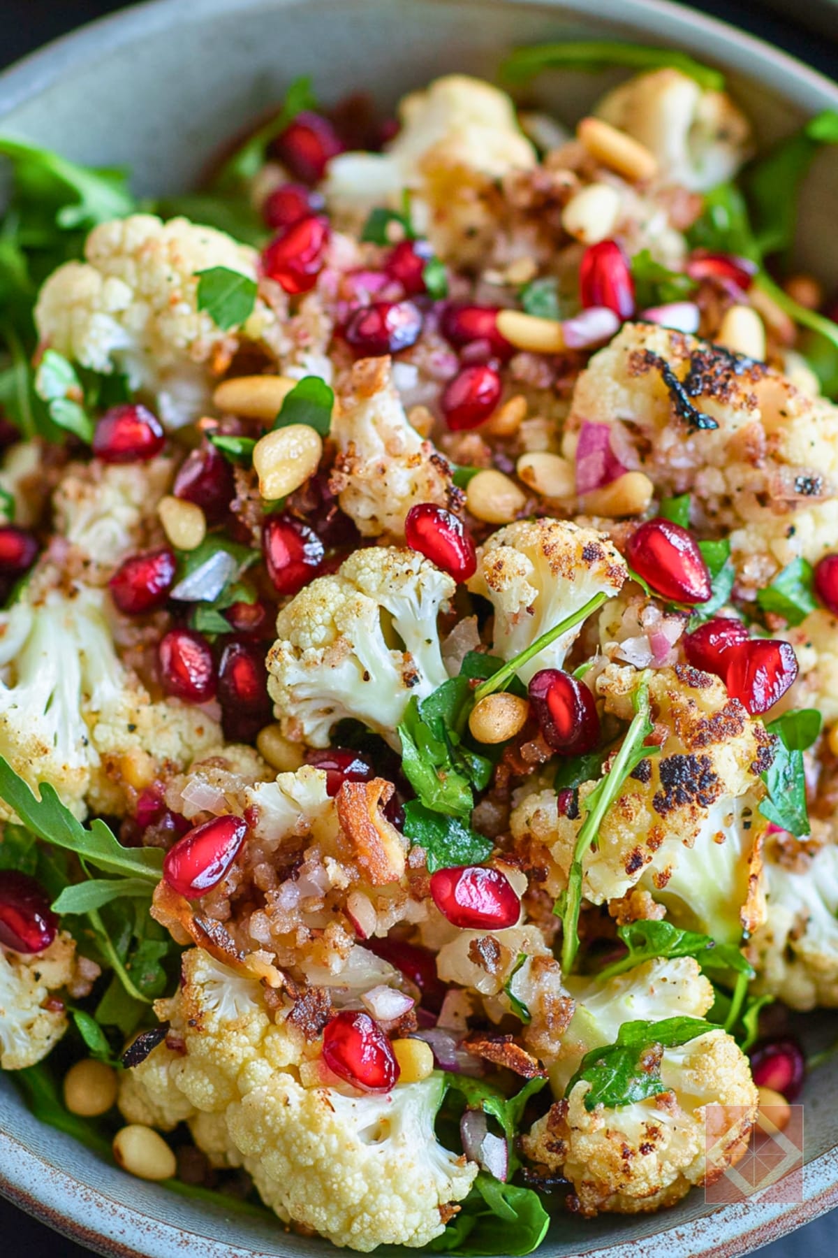 Roasted Cauliflower Salad for a Balanced DASH Diet 2 Roasted Cauliflower Salad for a Balanced DASH Diet - Roasted Cauliflower and Arugula Salad with Pomegranate and Pine Nuts pin 1 midia