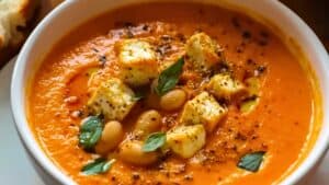 High-Protein Harissa Tomato Soup with Crispy Butter Beans 1 High-Protein Harissa Tomato Soup with Crispy Butter Beans - Smoky High Protein Vegan Soup with Harissa Beans midia