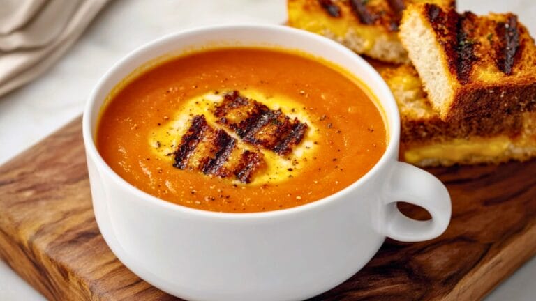 Silky Tomato Soup with Crunchy Cheese Croutons 1 Silky Tomato Soup with Crunchy Cheese Croutons - Tomato Soup with Grilled Cheese Croutons midia