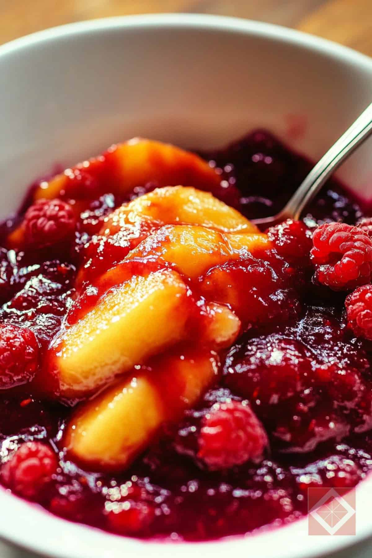 Best Warm Peach-Raspberry Compote One-Pot Recipe for Holidays 4 Best Warm Peach-Raspberry Compote One-Pot Recipe for Holidays - Warm Peach Raspberry Compote pin 2 midia