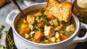 The Chicken Pot Pie Stew You’ll Want Every Rainy Day 1 The Chicken Pot Pie Stew You’ll Want Every Rainy Day - Chicken Pot Pie Stew with Buttery Garlic Crust Croutons midia