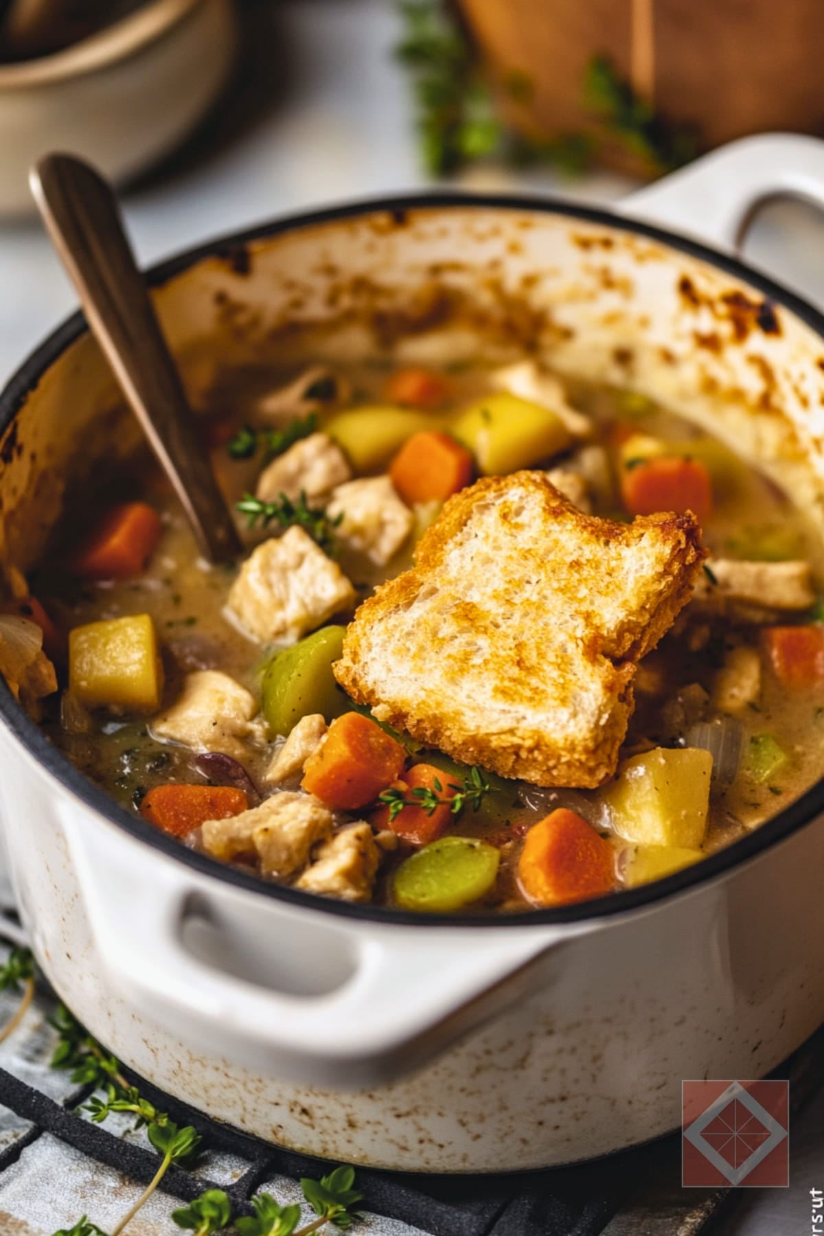 The Chicken Pot Pie Stew You’ll Want Every Rainy Day 3 The Chicken Pot Pie Stew You’ll Want Every Rainy Day - Chicken Pot Pie Stew with Buttery Garlic Crust Croutons pin 2 midia