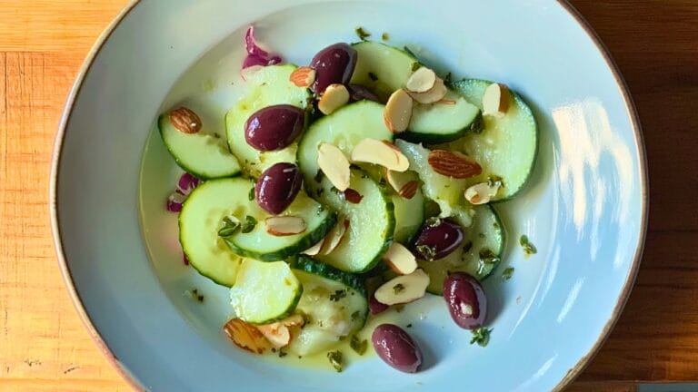 Chilled Cucumber Salad Made for Two - Cucumber Salad for Two with Olives Oregano Almonds midia