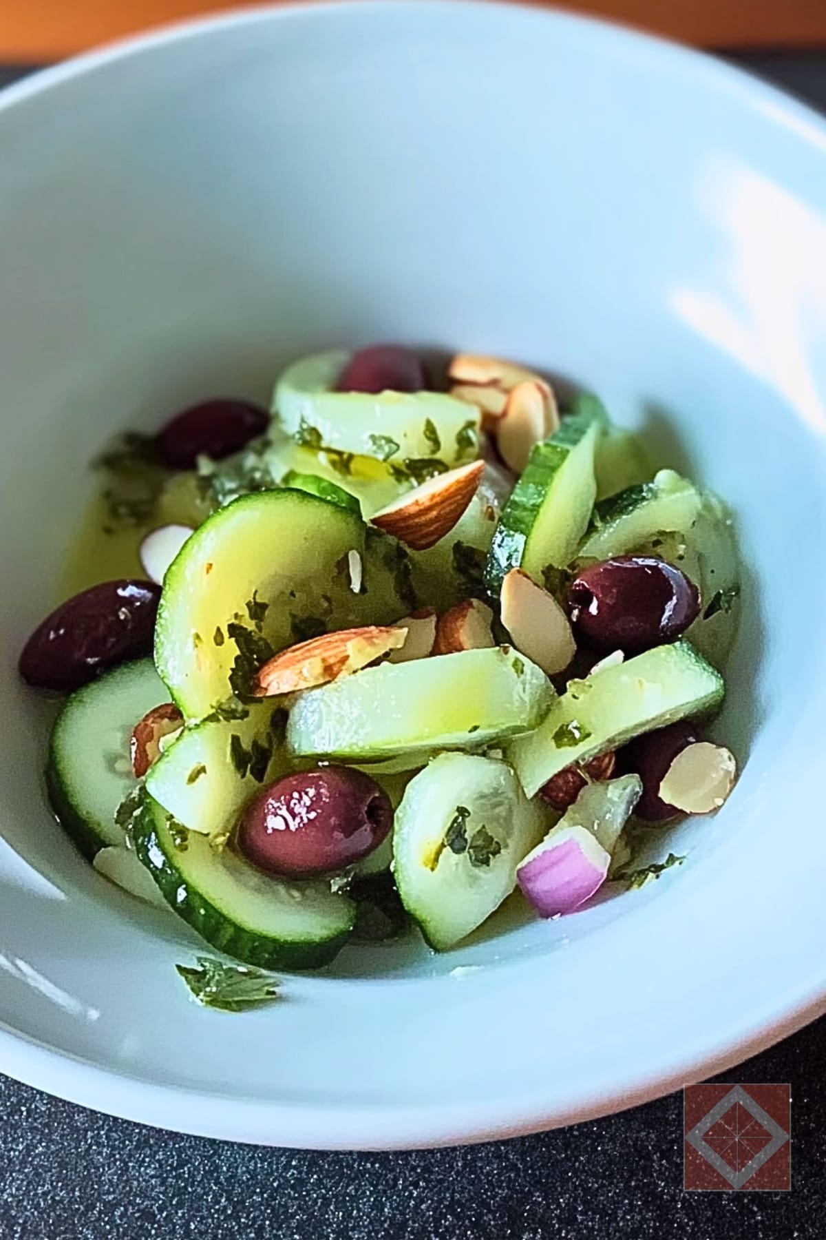 Chilled Cucumber Salad Made for Two 3 Chilled Cucumber Salad Made for Two - Cucumber Salad for Two with Olives Oregano Almonds pin 1 midia