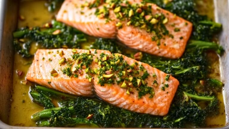 One-Pan Recipes for Two: Crunchy Roasted Salmon 9 One-Pan Recipes for Two: Crunchy Roasted Salmon - Roast Salmon with Broccoli Rabe Pistachio Gremolata midia