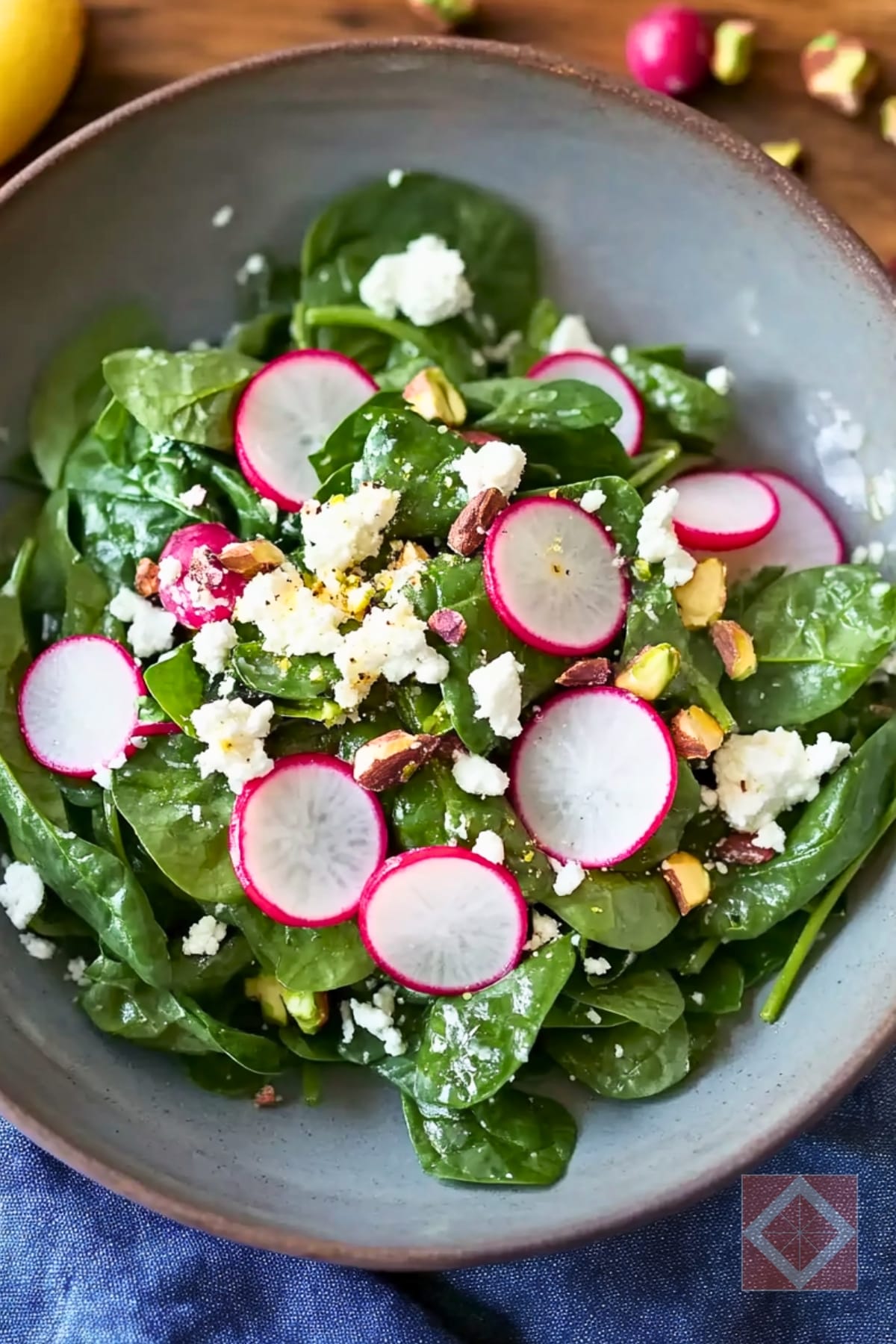 Warm Spinach & Radish Salad That's Perfect for Two 3 Warm Spinach & Radish Salad That's Perfect for Two - Wilted Spinach Salad with Radishes Feta Pistachios pin 1 midia